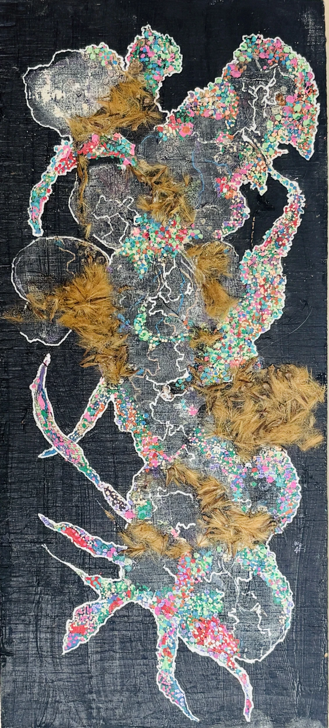 *To Live Oneself Before Every Gesture*, acrylic-painted board, clay traces of prints, gel pens, Posca markers, furry residue from trees, 30 × 13.5 cm.