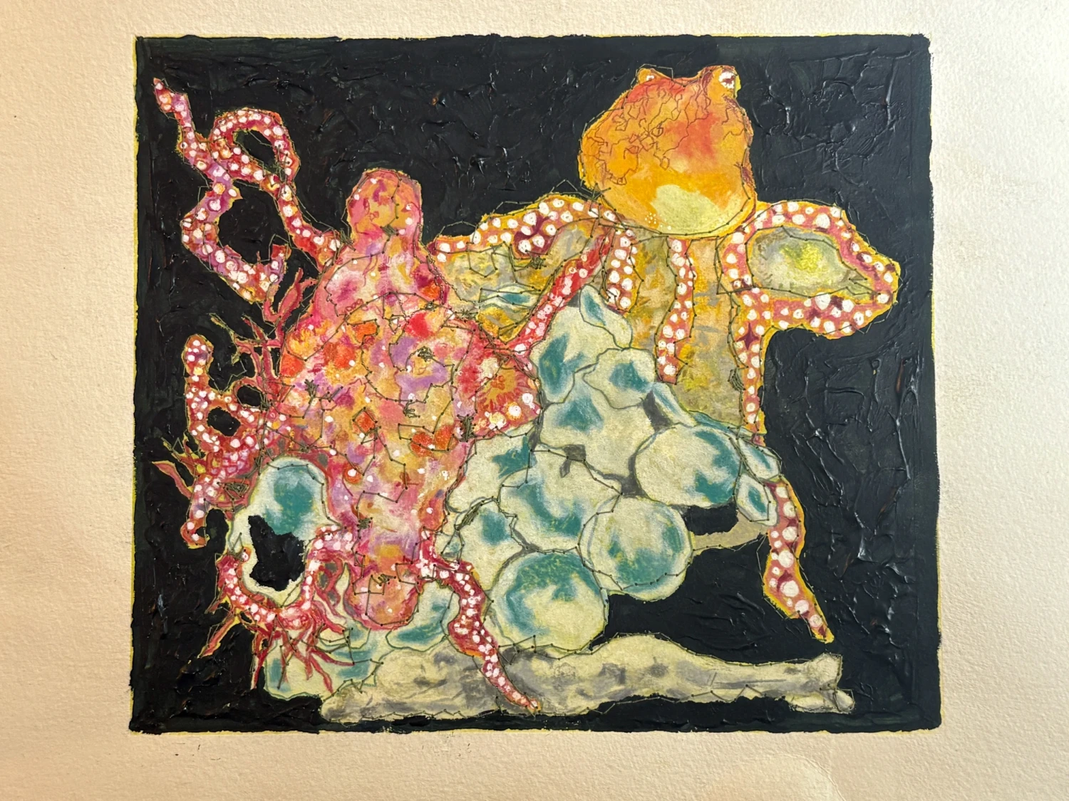 *Introducing the Resident Therolinguistic Experts*, printed Fabriano Rosaspina paper, embroidery, Posca markers, polychrome pencil, pastel, acrylic paint, 42 × 31.5 cm.