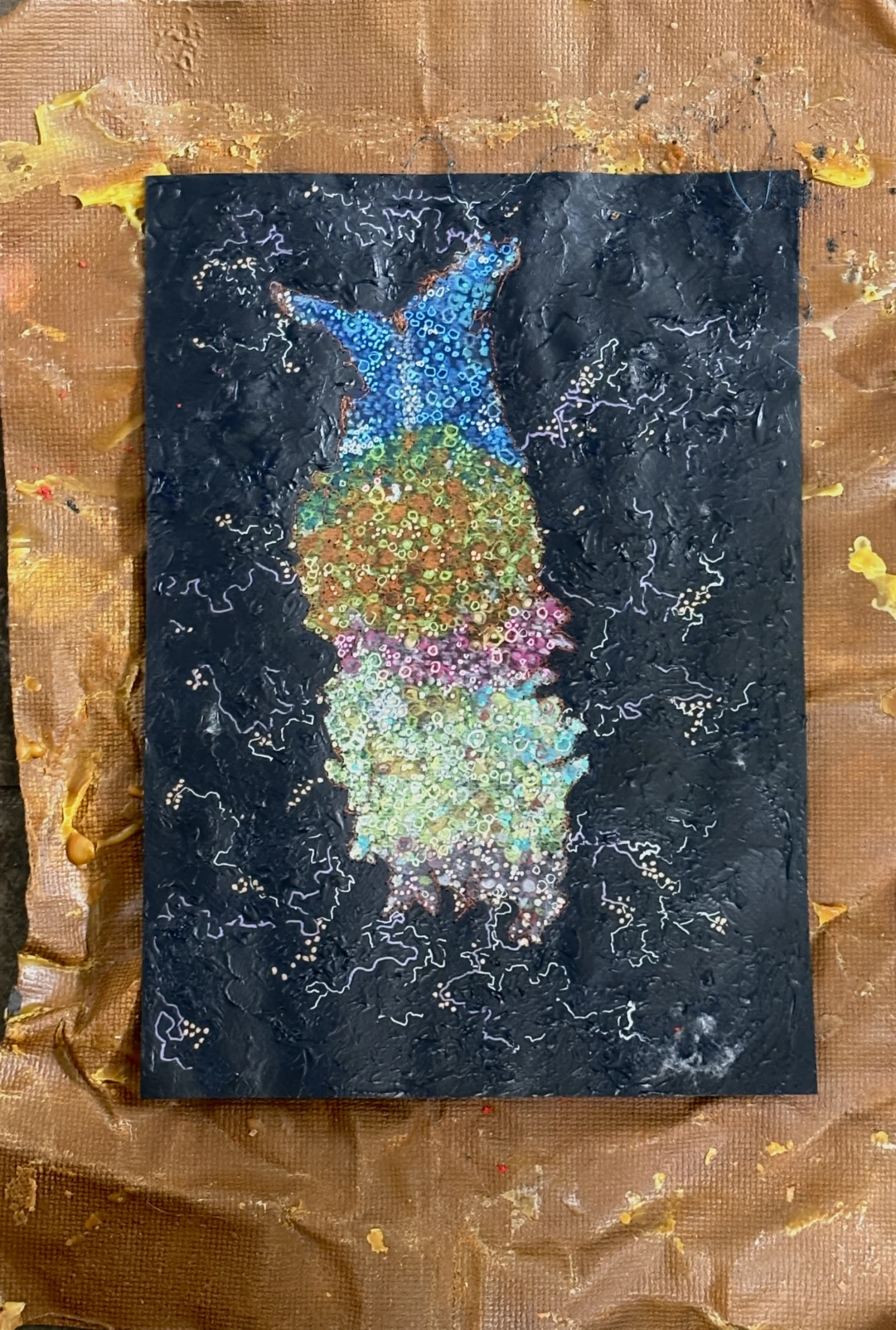 *There Are Only Multitudes*, pastel, gel pens, and Posca markers with embroidery stitching on painted pastel paper, turmeric-infused wax on textile, 43 × 29 cm.