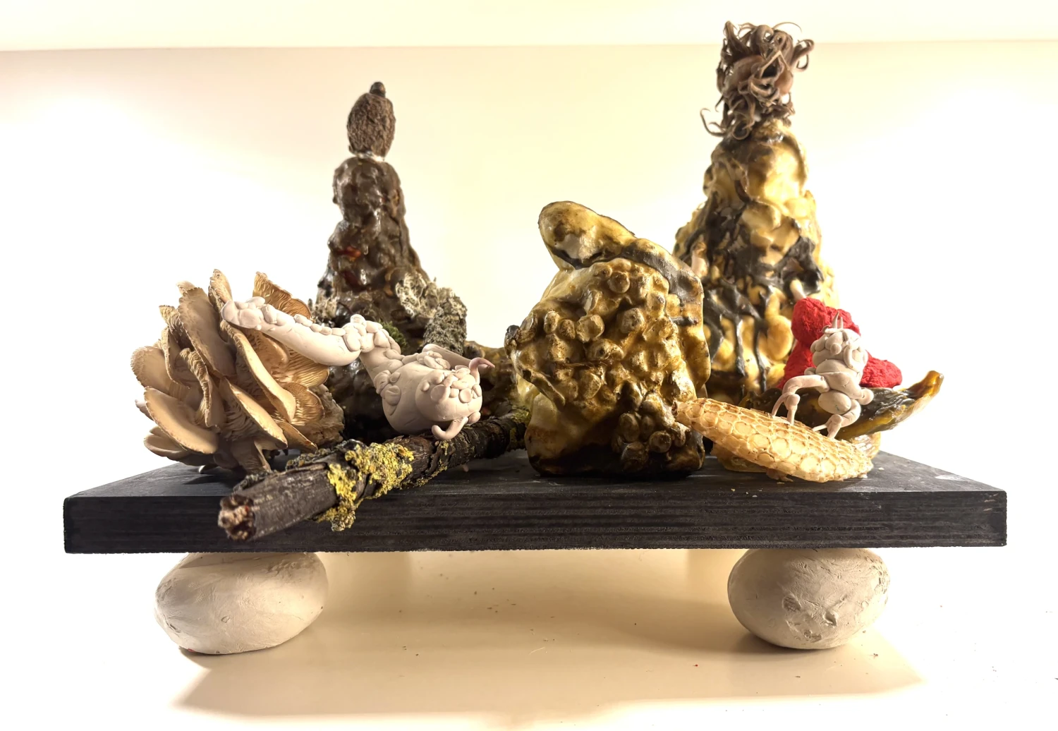 *To Feel and Experience We Are Eternal (for Spinoza)*, clay, painted wood, oyster mushroom, Jesmonite, air-drying clay coated in turmeric-infused wax and yellow copper oxide wax, mussel shell, moss, lichen, acorn, dimensions variable.