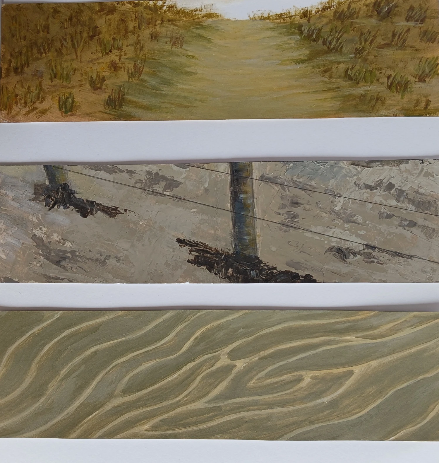*Dune views - Sand*, acrylic on acrylic paper using variety of tools – brushes, card, palette knife, 29.5 x 10.5 cm.