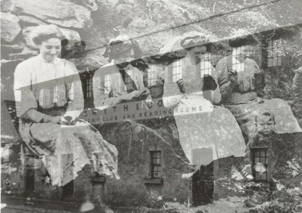 Smythco factory workers embroidering stockings, Smythco factory building.