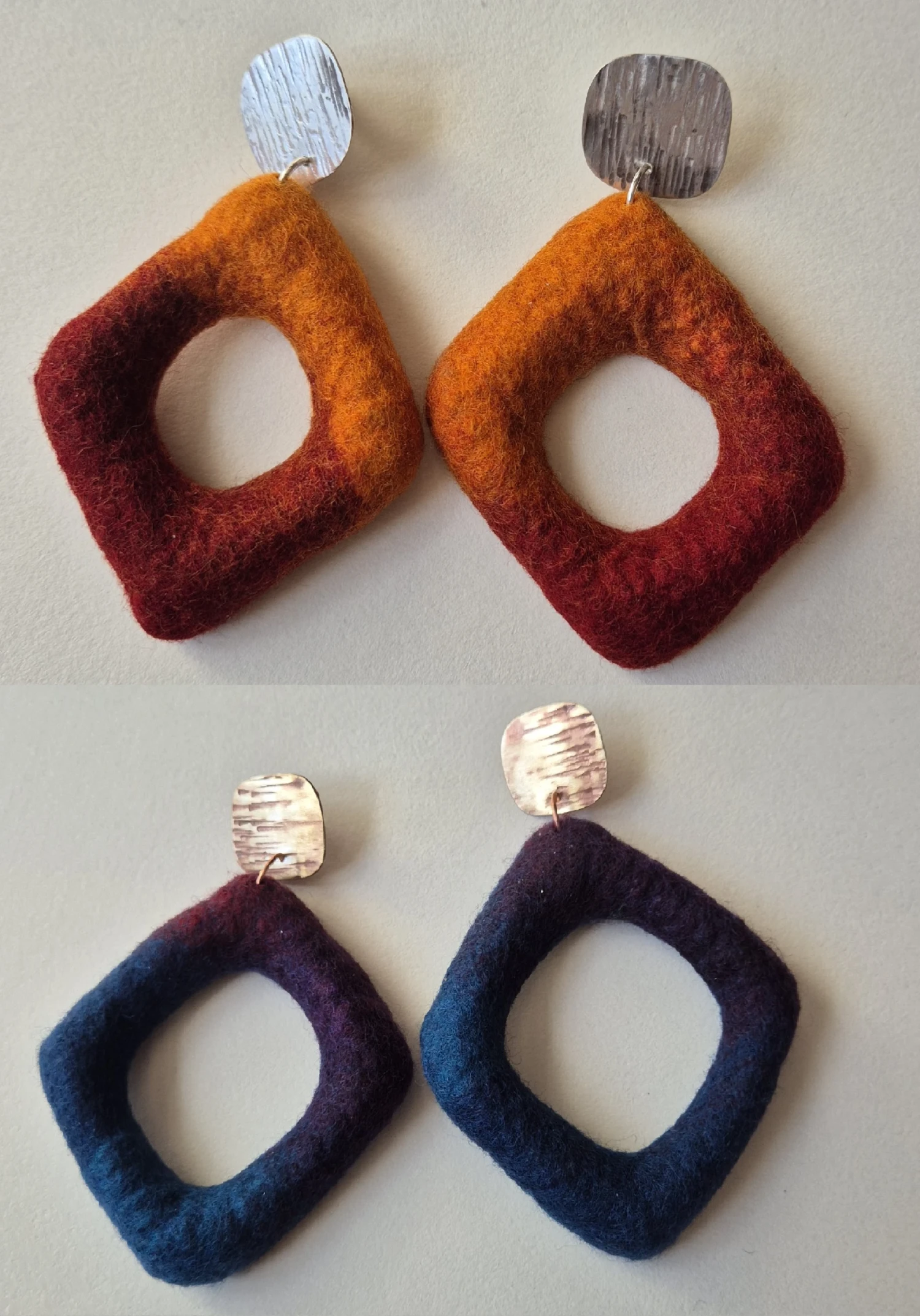 Earrings; Felt and silver, dimensions vary