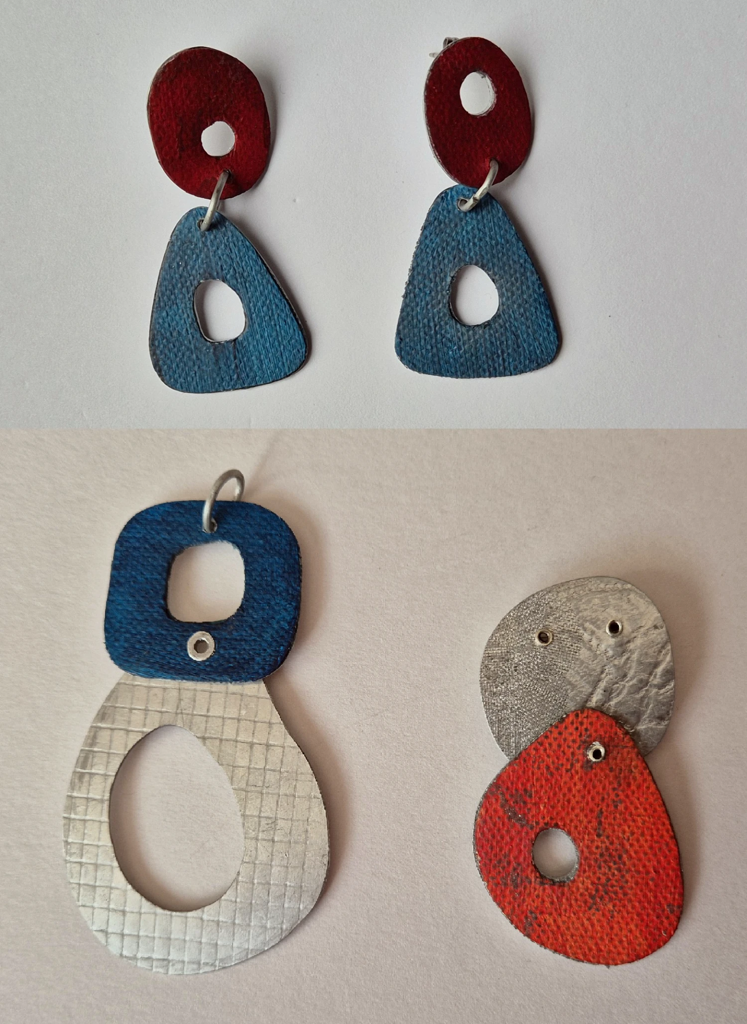 Earrings, pendant and brooch; aluminium and mixed media, dimensions vary