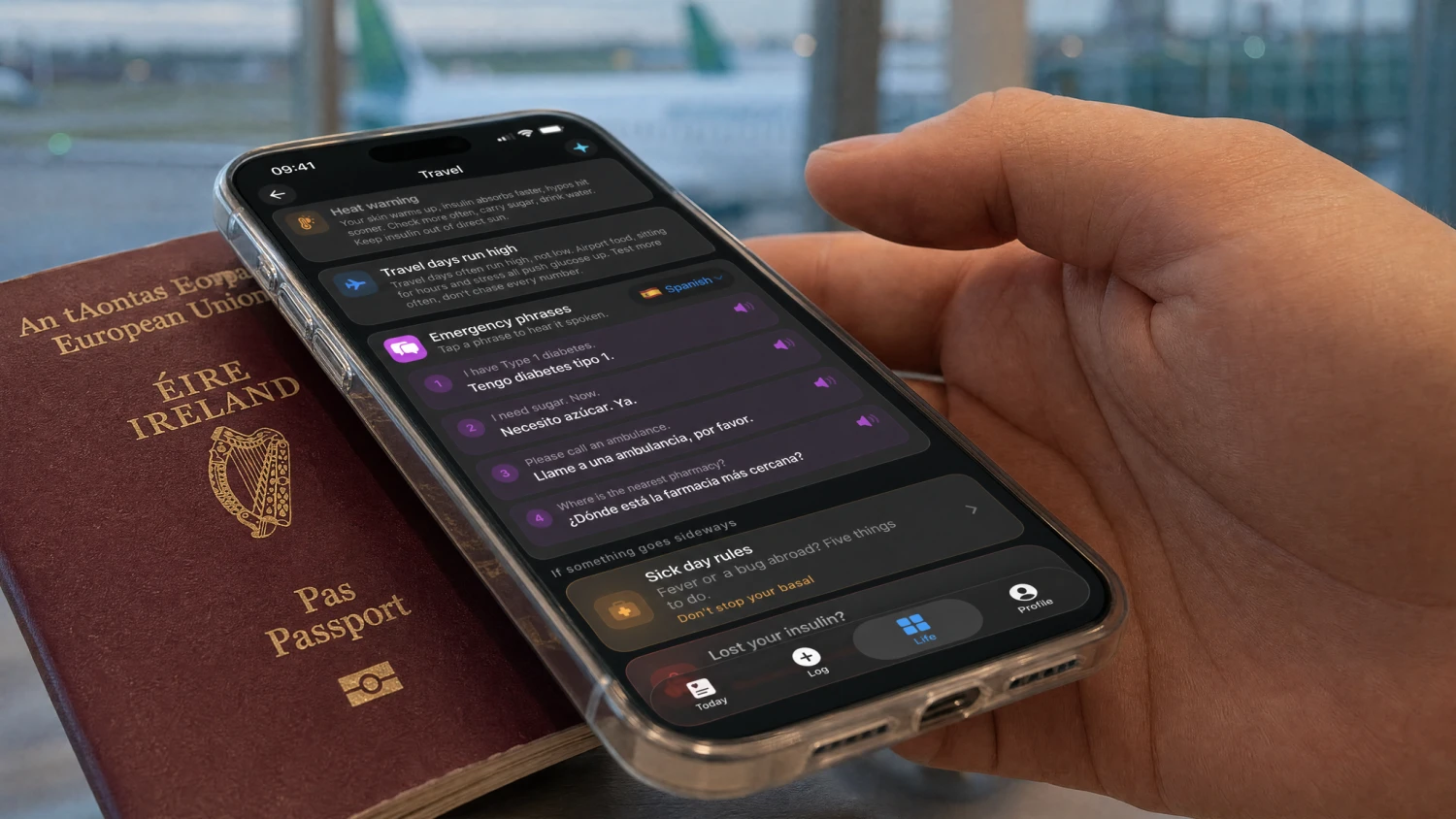 Gets you ready for the trip and stays with you while you're away: timezone-adjusted basal, emergency phrases, sick-day rules, and a recovery window for when you're home.