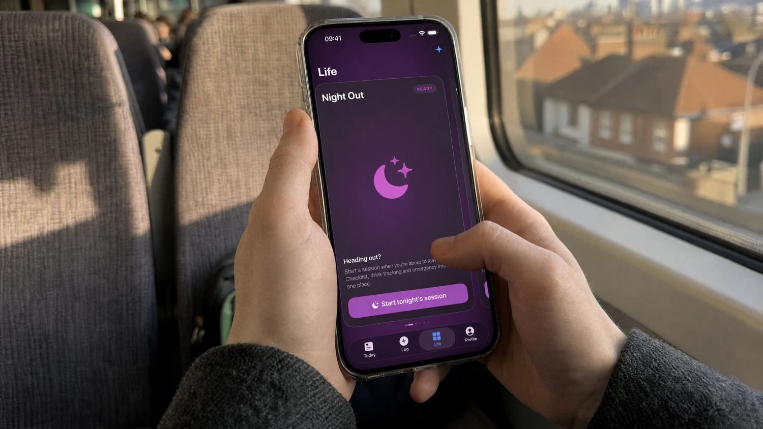 Where the non-daily features live: Night Out, Travel, Treatment Story, Insights, and Emergency, all a swipe away.