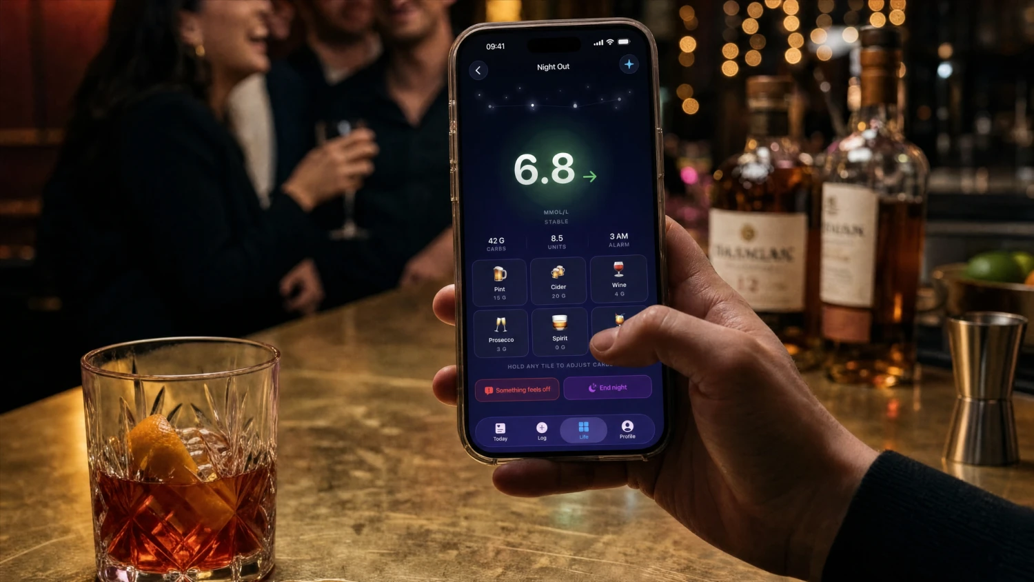 A safety net for evenings out: keeps a closer eye on your glucose, tracks the drinks, and puts emergency contacts one tap away.