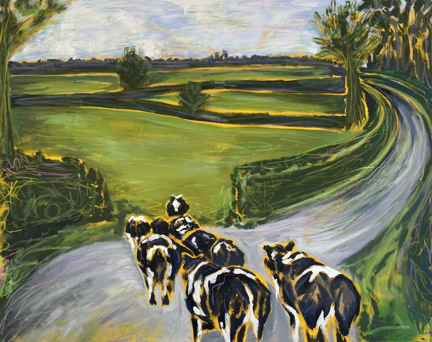 *Cows Crossing*, acrylic and oil pastels on canvas, 120 x 150 cm.
