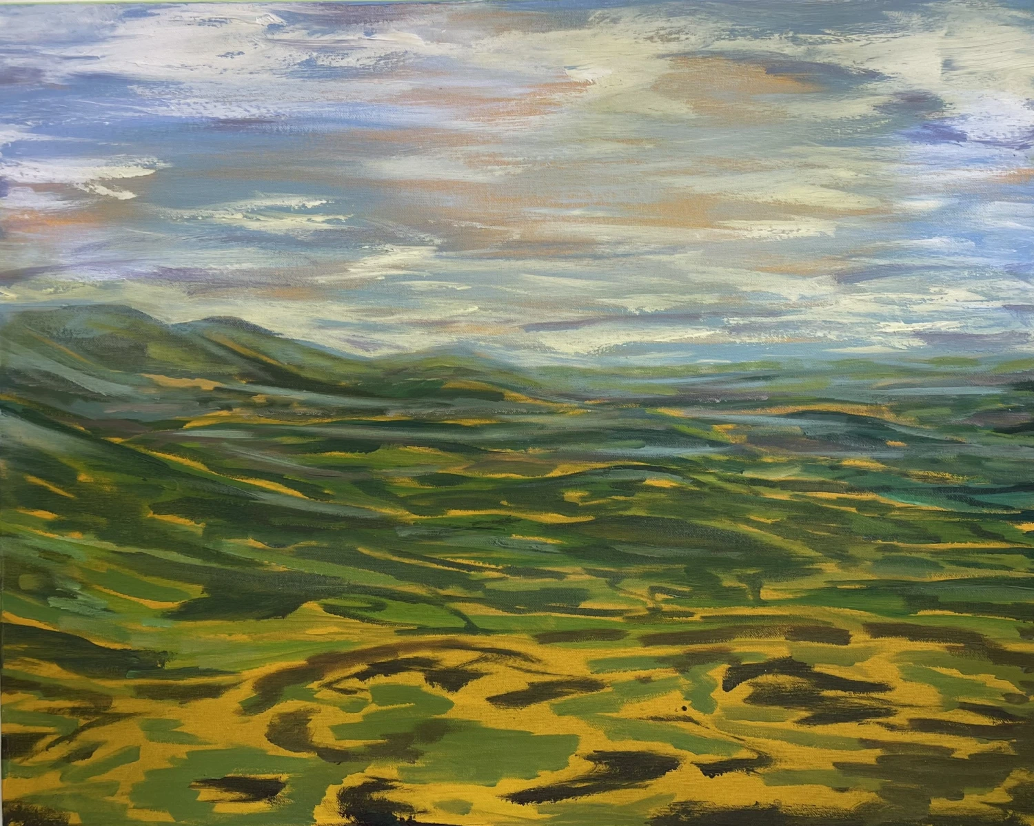 *Green and Yellow Hills*, acrylic on canvas, 60 x 75 cm.
