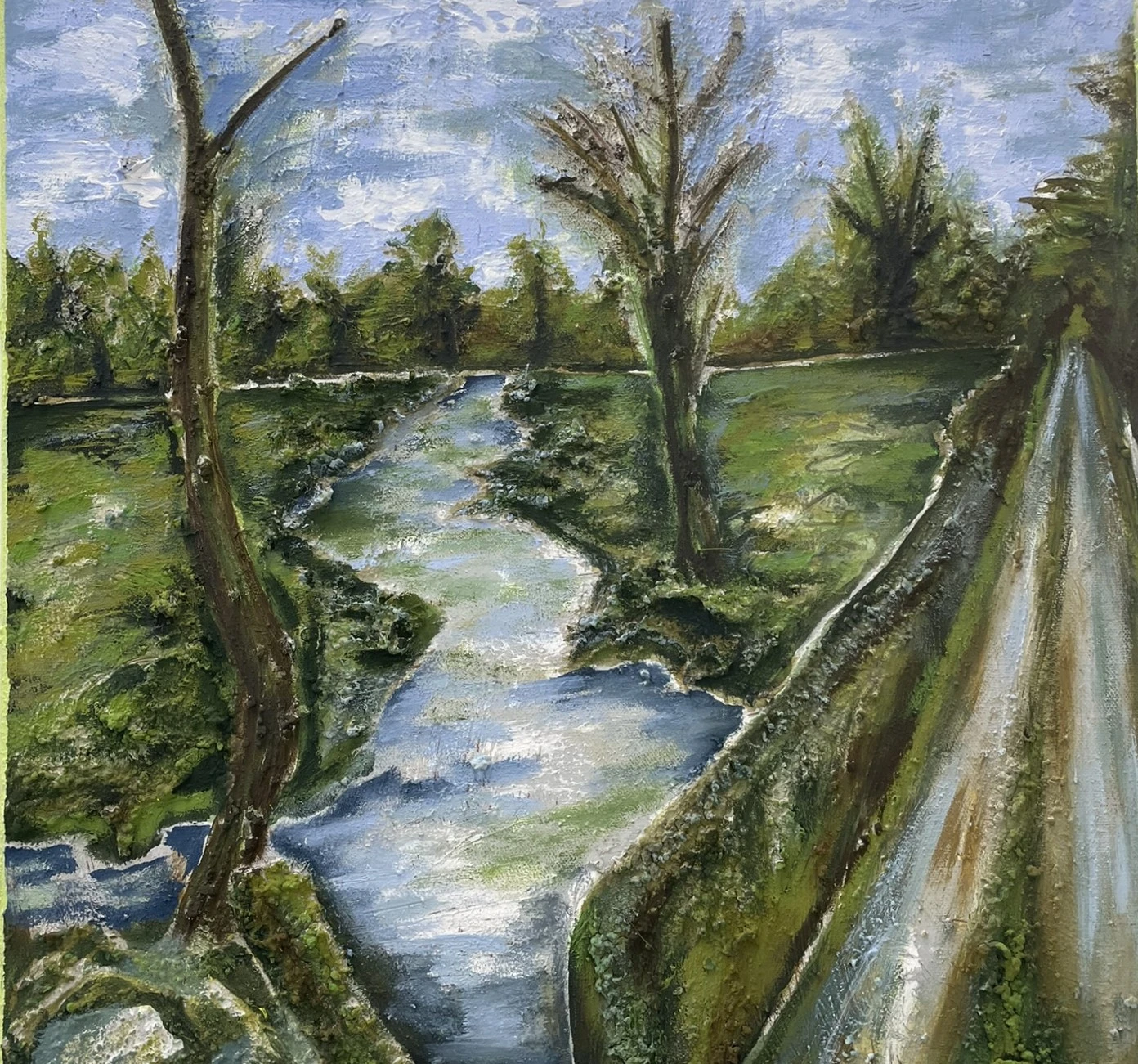 *The Stream Down the Lane*, acrylic and cement on canvas, 40 x 40 cm.