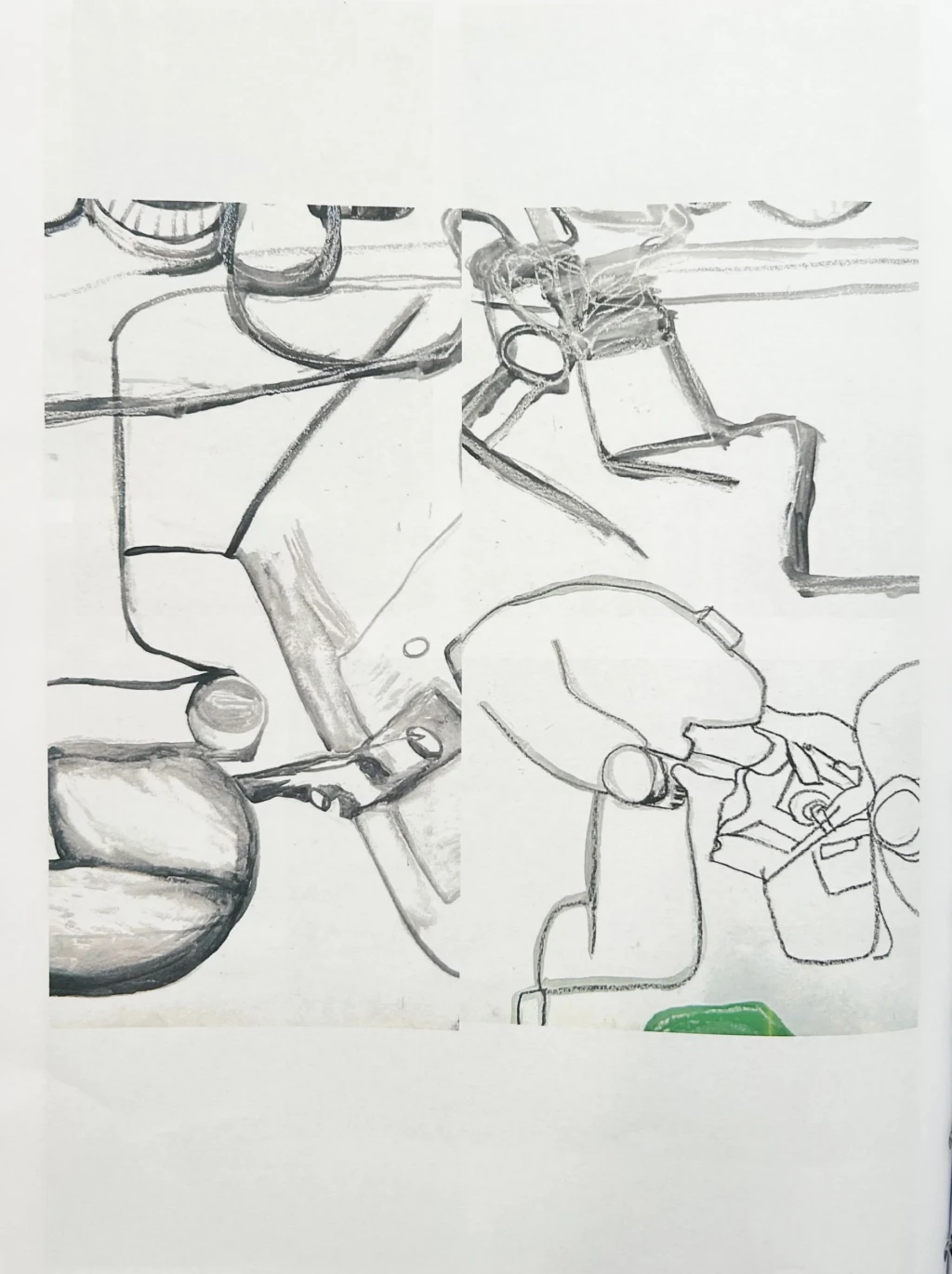 Studies of textile machinery in oil pastel and marker