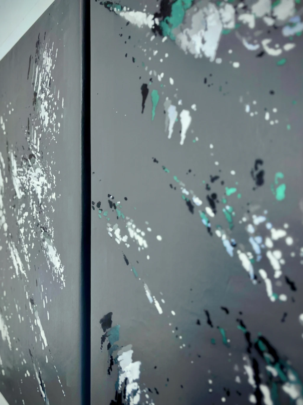 *A Brief Distortion of Scale*, 2026, acrylic paint, lasers, Mica flakes, marble dust, Mylar, gesso, canvas, and wooden stretchers, diptych 70 x 100 cm each.