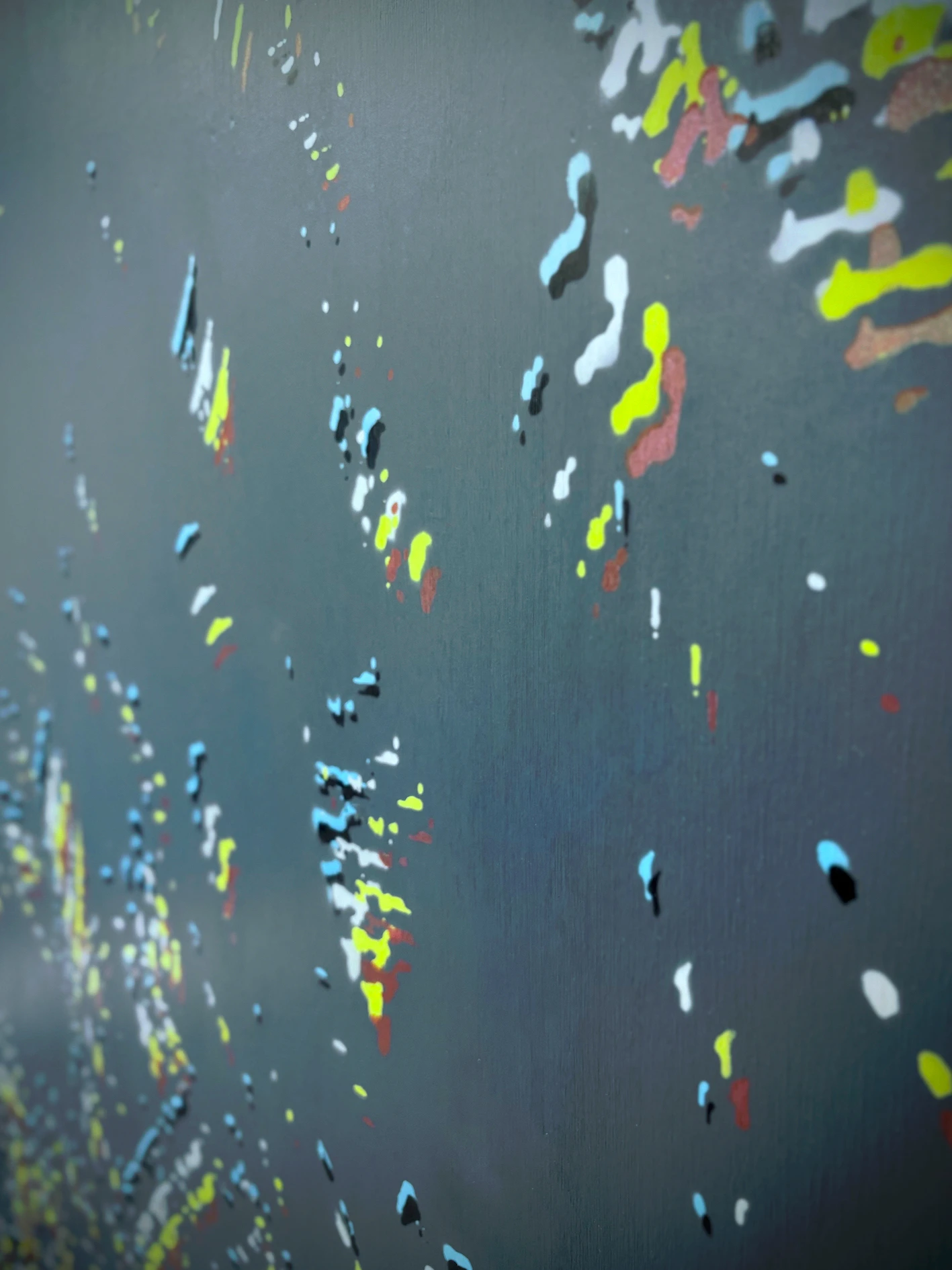 *Micron to Mountain: Four Attempts at Time*, 2026, acrylic paint, lasers, Mica flakes, marble dust, Mylar, gesso, canvas, and wooden stretchers, quadriptych 145 x 205 cm each.