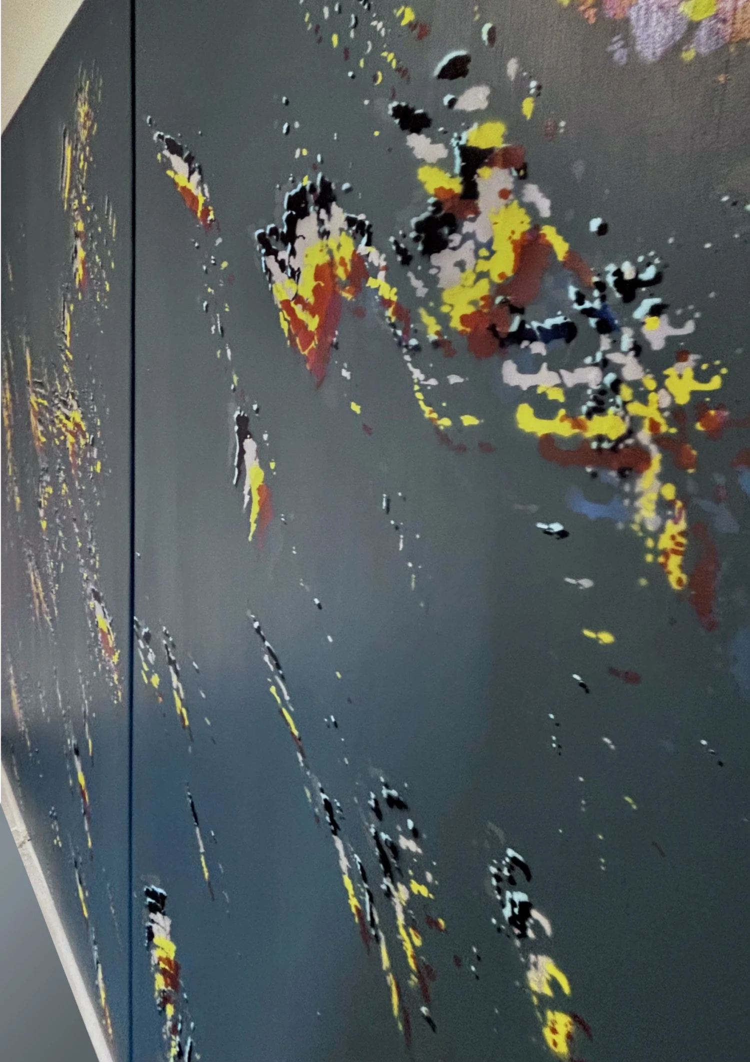 *0.5% of El Capitan in Superposition*, 2026, acrylic paint, Lasers, Mica flakes, Marble dust, Mylar, Gesso, canvas, and wooden stretchers, quadriptych 145 x 205 cm each.