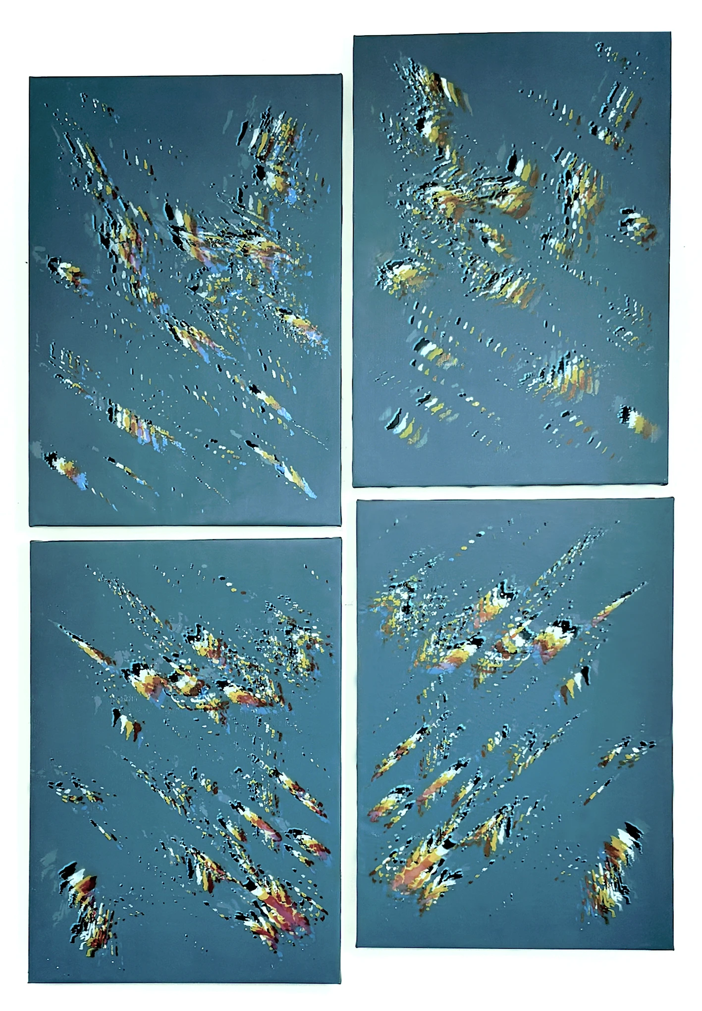 *Micron to Mountain: Four Attempts at Time*, 2026, acrylic paint, lasers, Mica flakes, marble dust, Mylar, gesso, canvas, and wooden stretchers, quadriptych 145 x 205 cm each.
