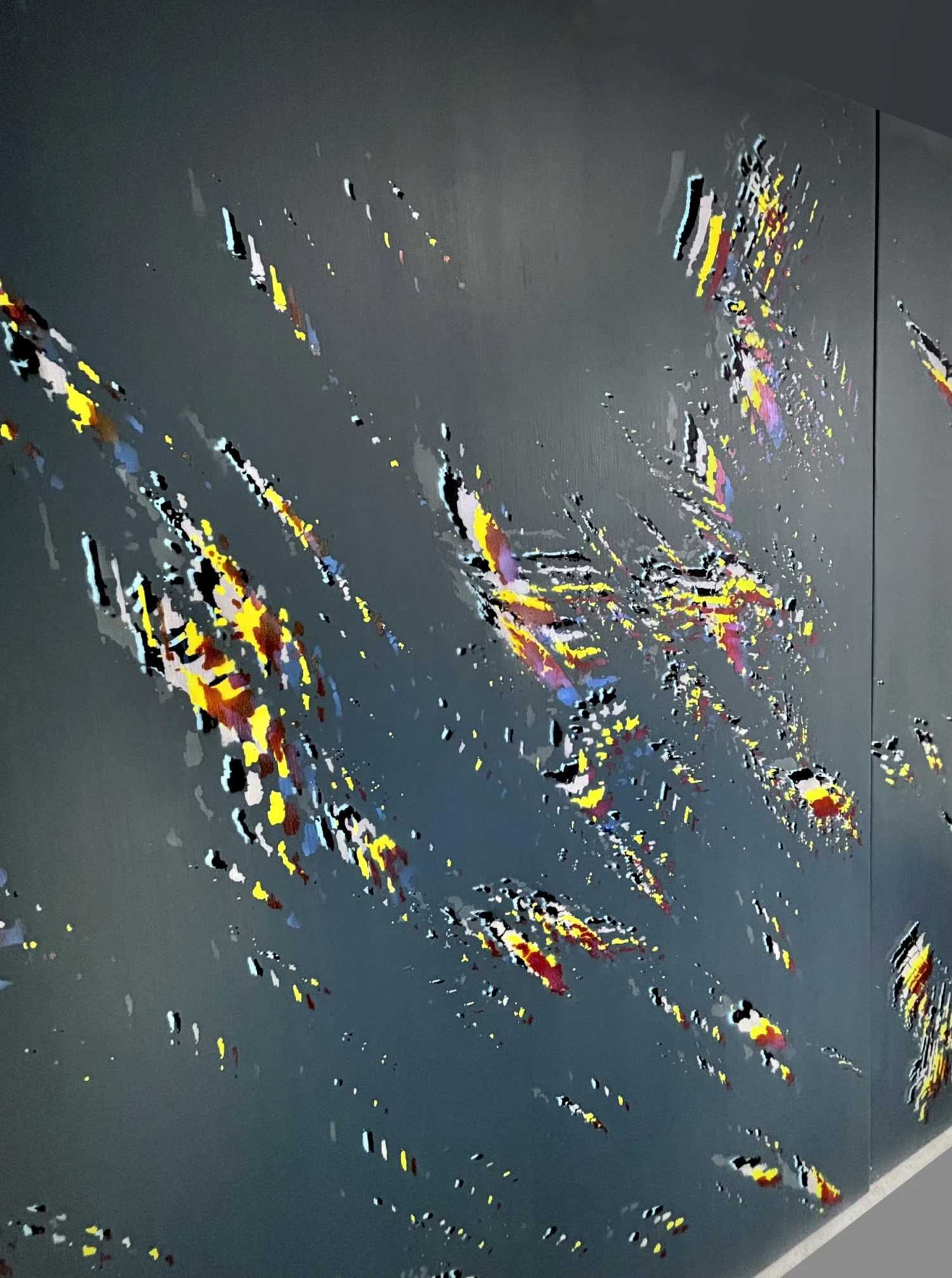 *0.5% of El Capitan in Superposition*, 2026, acrylic paint, Lasers, Mica flakes, Marble dust, Mylar, Gesso, canvas, and wooden stretchers, quadriptych 145 x 205 cm each.