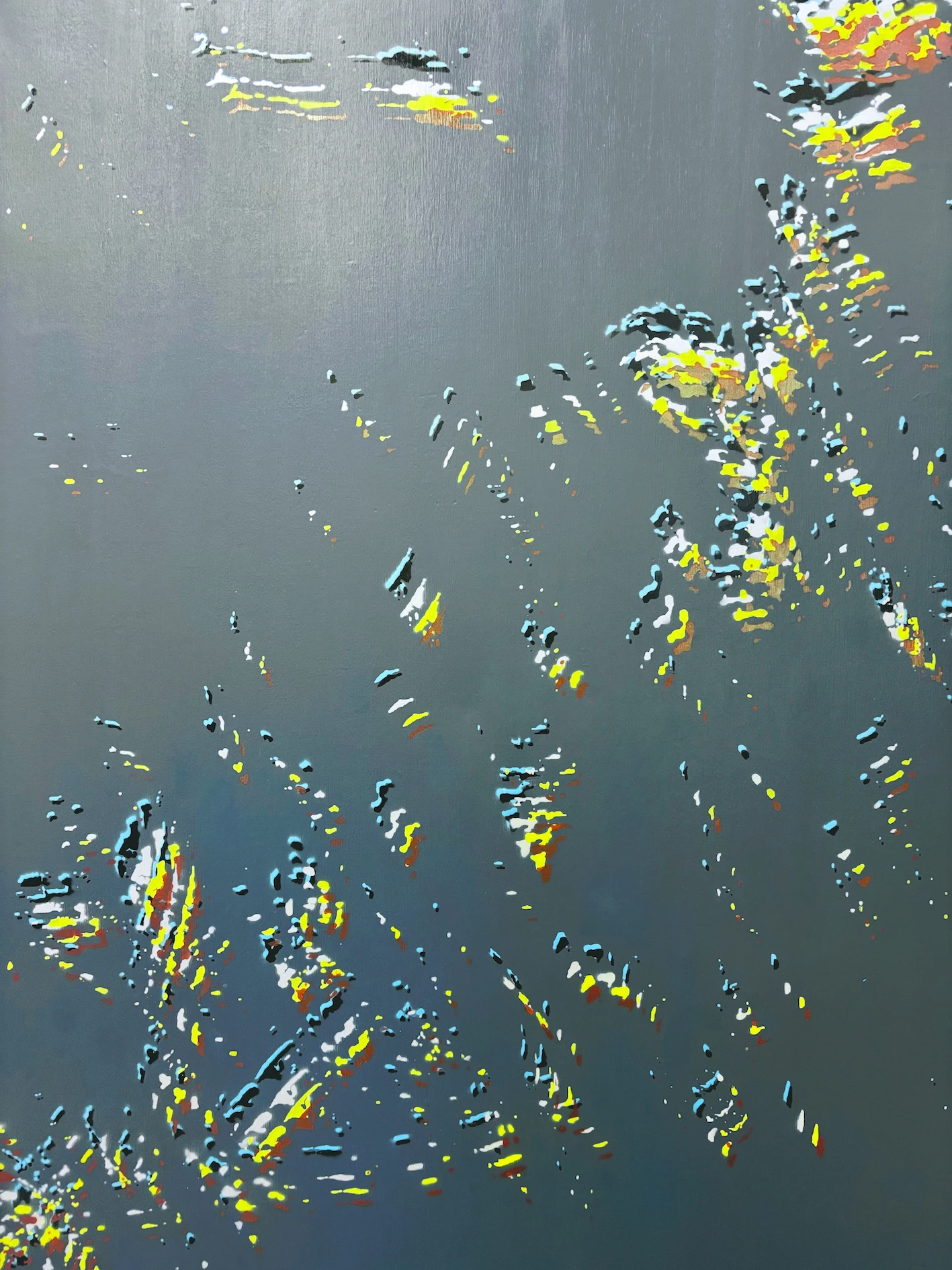 *Micron to Mountain: Four Attempts at Time*, 2026, acrylic paint, lasers, Mica flakes, marble dust, Mylar, gesso, canvas, and wooden stretchers, quadriptych 145 x 205 cm each.