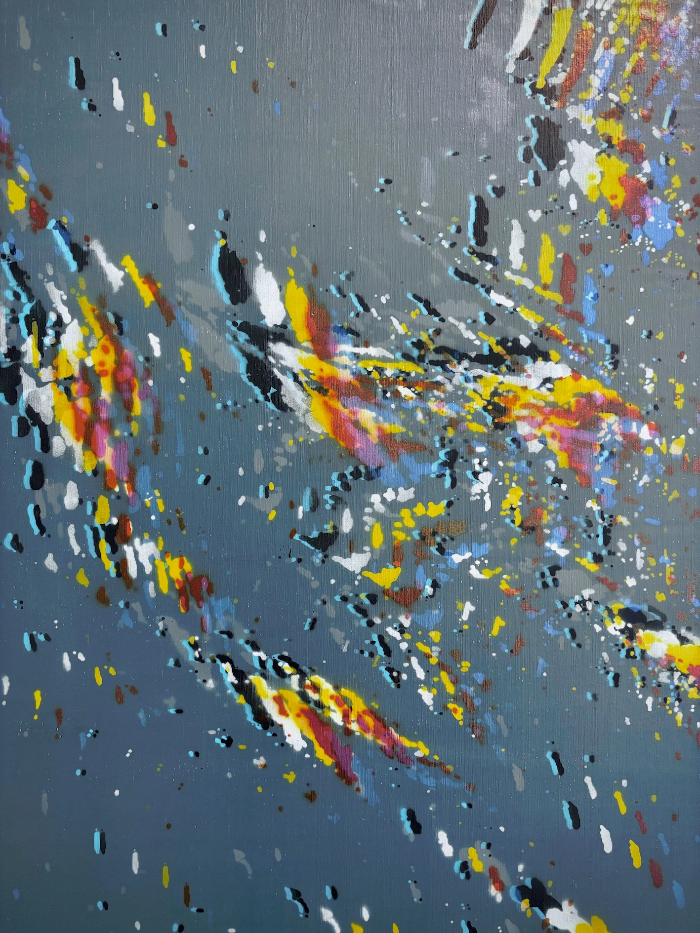 *Micron to Mountain: Four Attempts at Time*, 2026, acrylic paint, lasers, Mica flakes, marble dust, Mylar, gesso, canvas, and wooden stretchers, quadriptych 145 x 205 cm each.