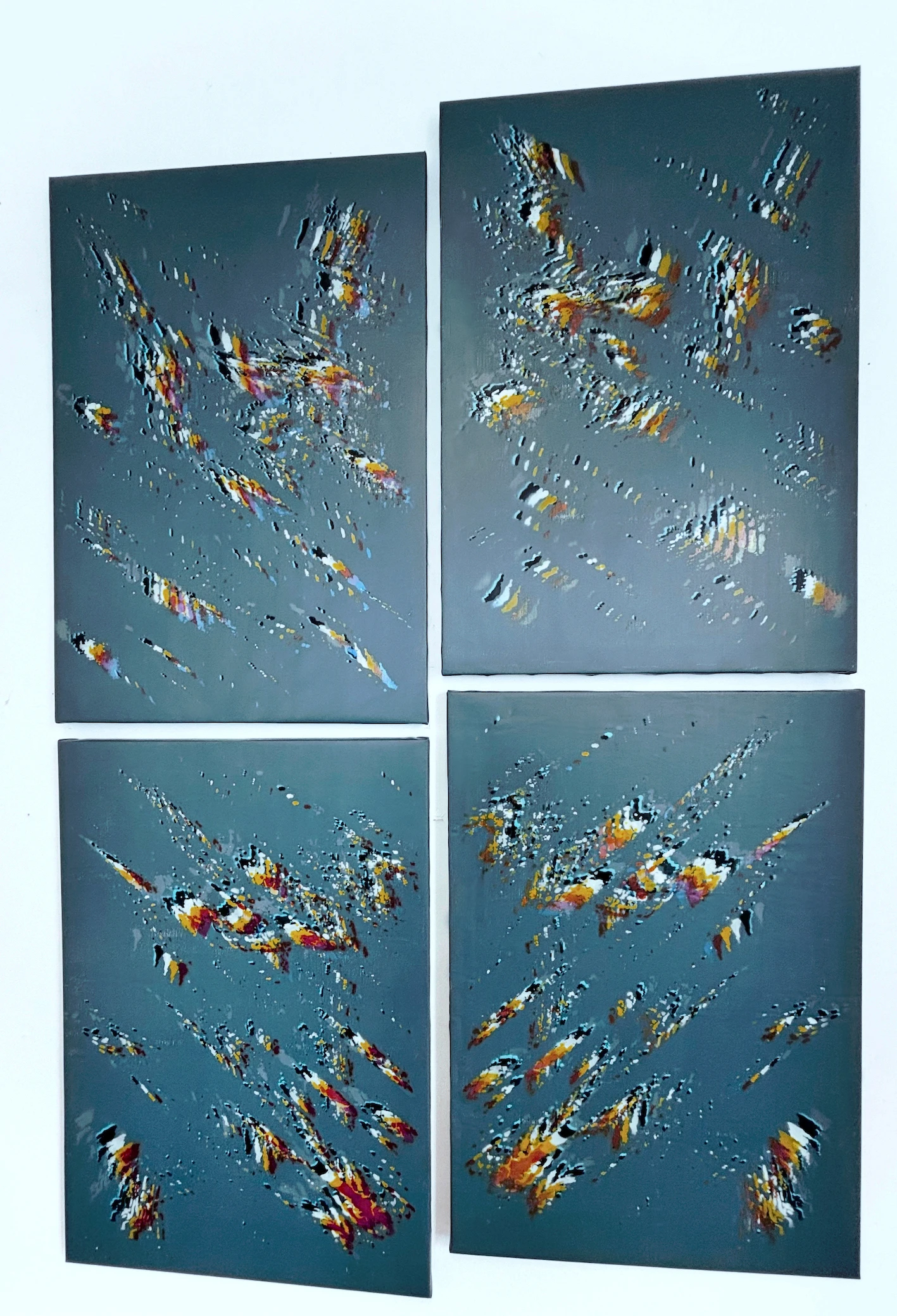 * Micron to Mountain: Four Attempts at Time*, 2026, acrylic paint, lasers, Mica flakes, marble dust, Mylar, gesso, canvas, and wooden stretchers, quadriptych 145 x 205 cm each.