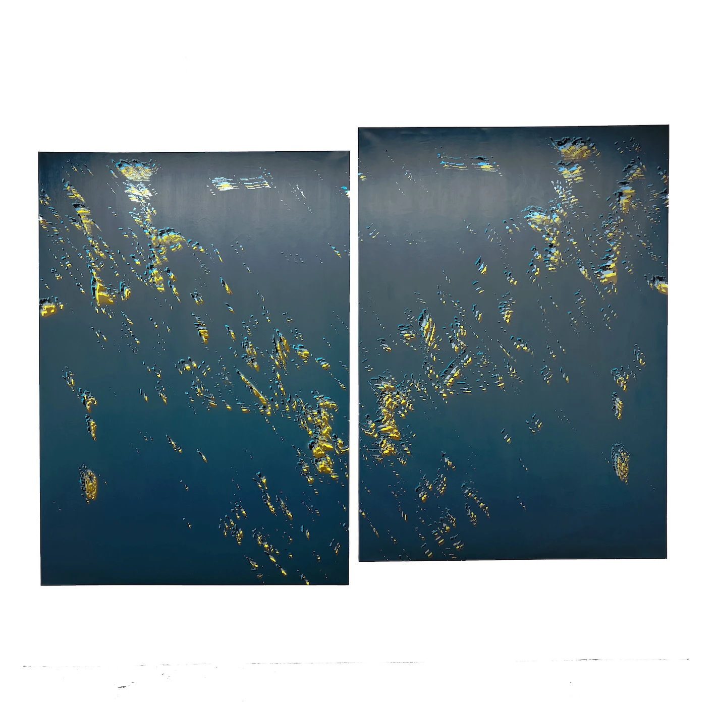 *Micron to Mountain: Four Attempts at Time*, 2026, acrylic paint, lasers, Mica flakes, marble dust, Mylar, gesso, canvas, and wooden stretchers, quadriptych 145 x 205 cm each.
