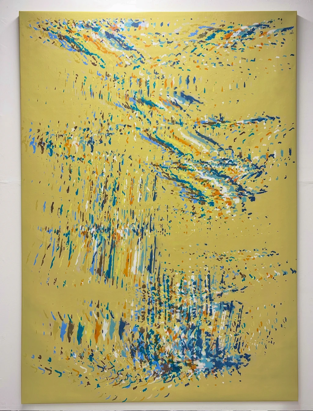*100 million years/ 100 nanoseconds*, 2026, acrylic paint, lasers, Mica flakes, marble dust, Mylar, gesso, canvas, and wooden stretcher, 145 x 205 cm.