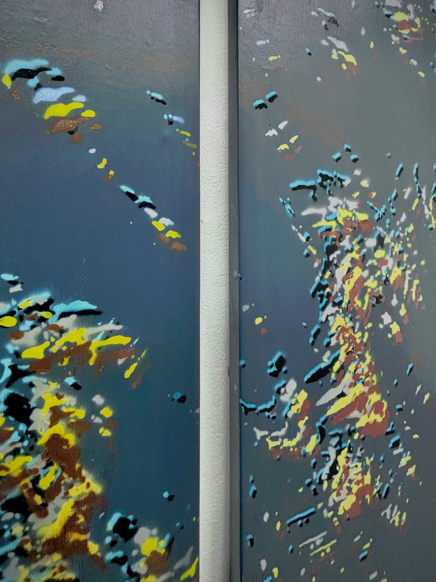 *Micron to Mountain: Four Attempts at Time*, 2026, acrylic paint, lasers, Mica flakes, marble dust, Mylar, gesso, canvas, and wooden stretchers, quadriptych 145 x 205 cm each.