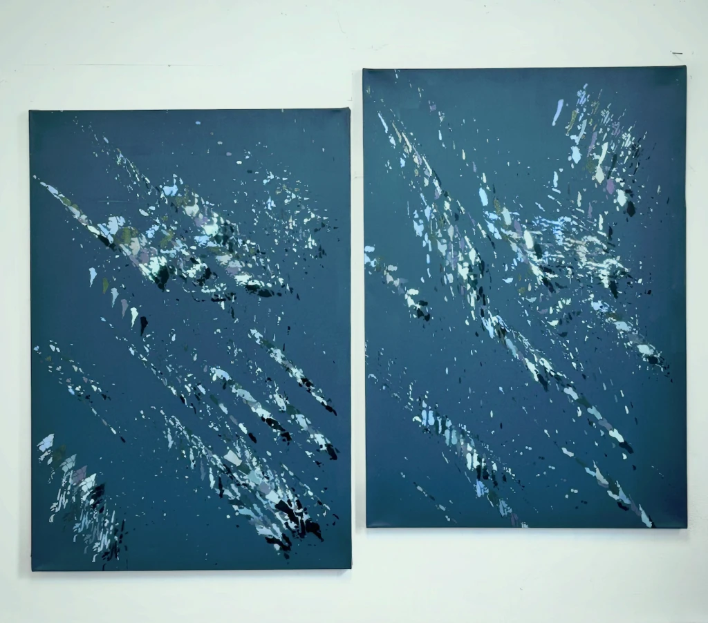 *Eon / lon Il,* 2026, acrylic paint, lasers, Mica flakes, marble dust, Mylar, gesso, canvas, and wooden stretchers, diptych 70 x 100 cm each.