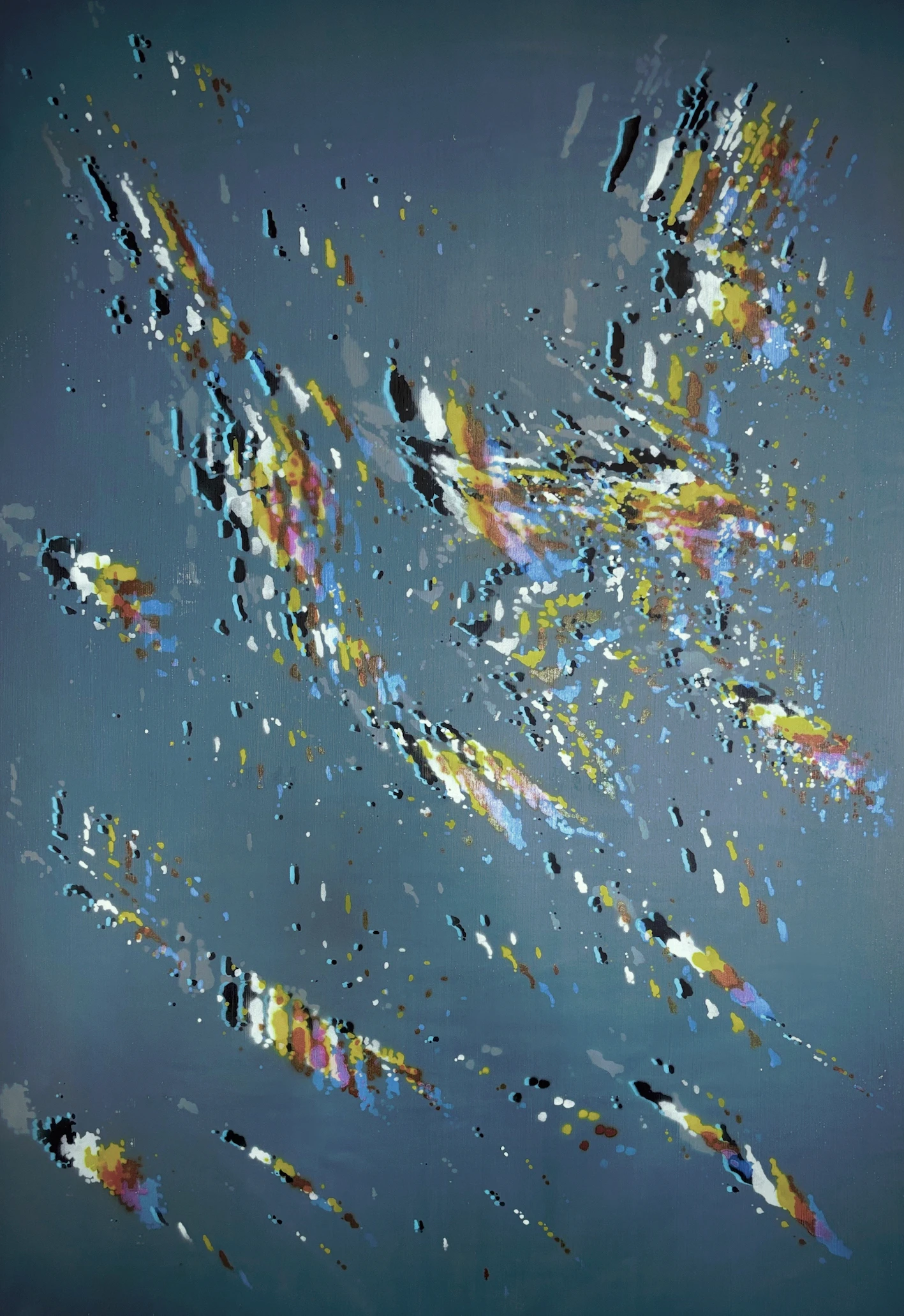 *Micron to Mountain: Four Attempts at Time*, 2026, acrylic paint, lasers, Mica flakes, Marble dust, Mylar, gesso, canvas, and wooden stretchers, quadriptych 145 x 205 cm each.