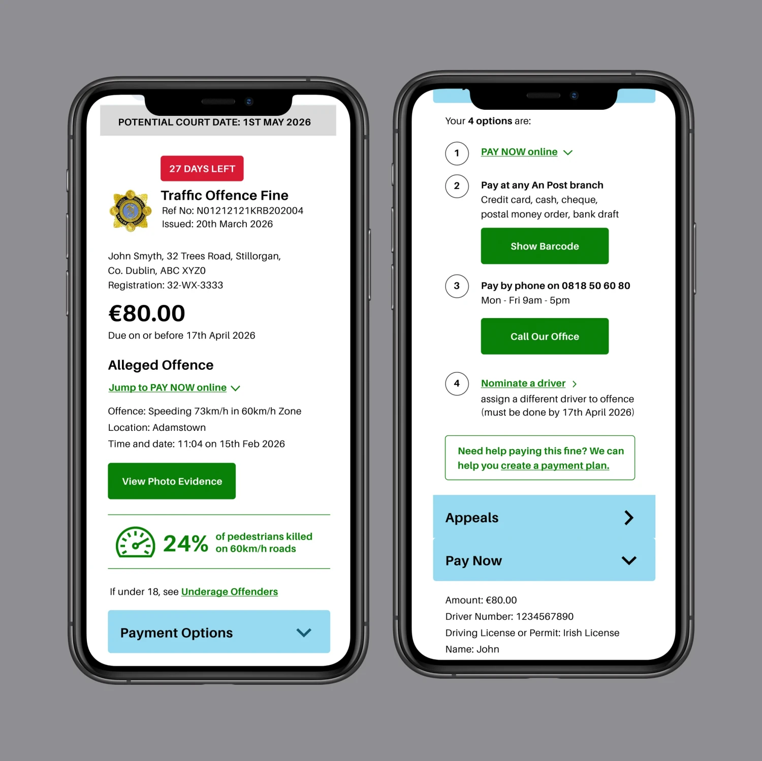 Detail on the personalised payment flow including road safety fact, appeal information and other payment methods.