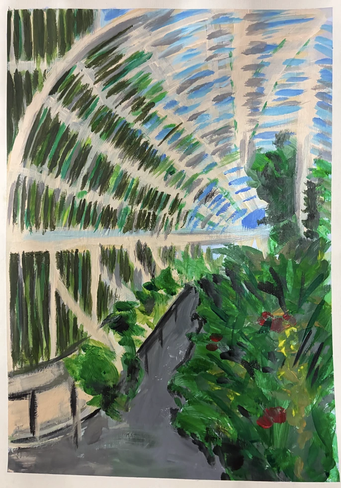 *Botanic Garden Glasshouse*, 2026, acrylic on acrylic paper, A4.