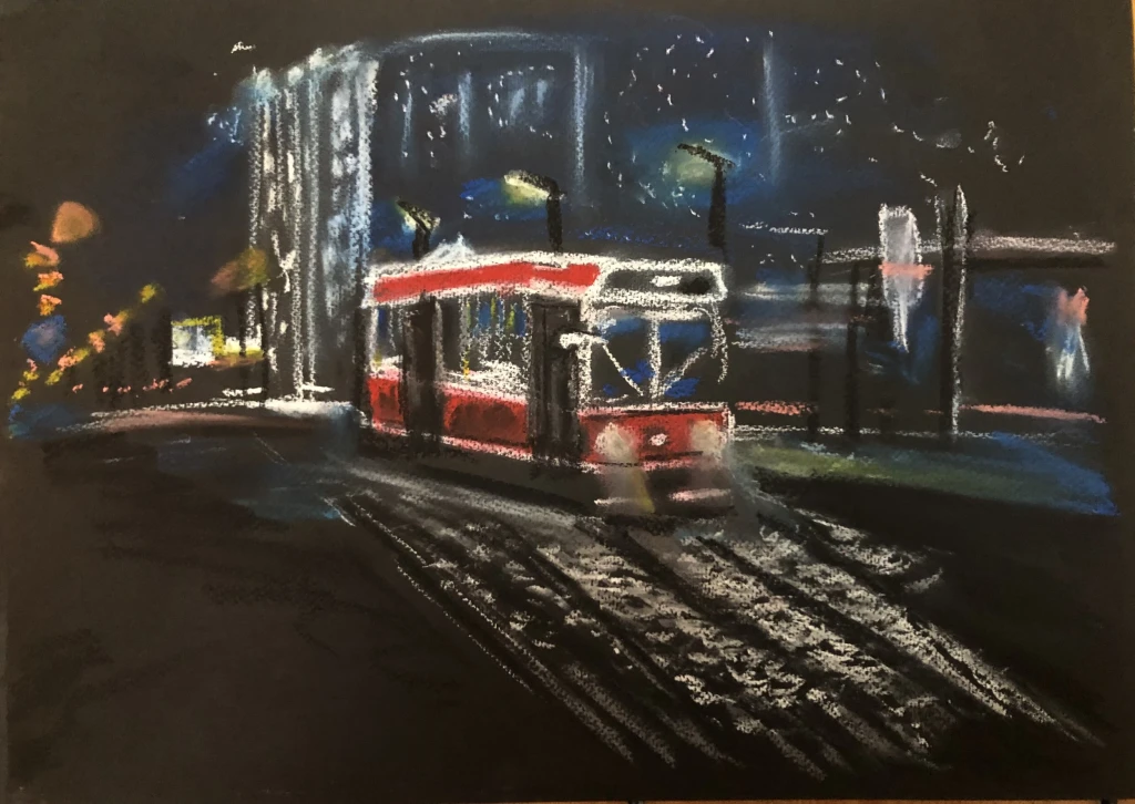 *Toronto in the Snow*, 2024, pastel on pastel paper, A4.