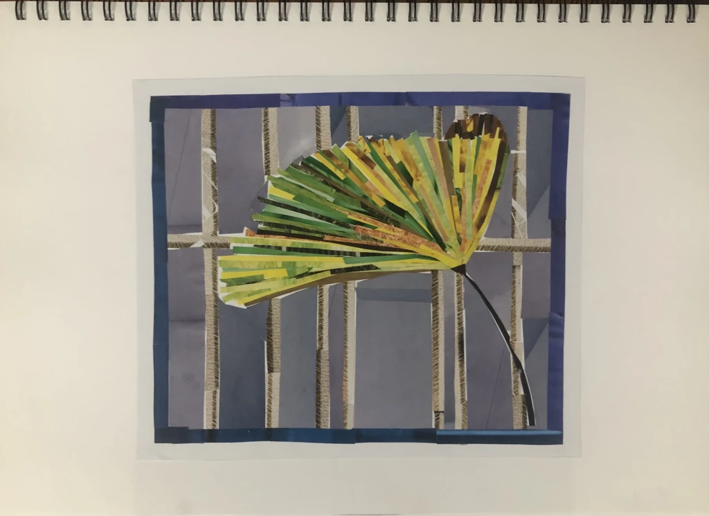 *Palms Inside a Botanic Garden Glasshouse*, 2025, paper collage, A4.