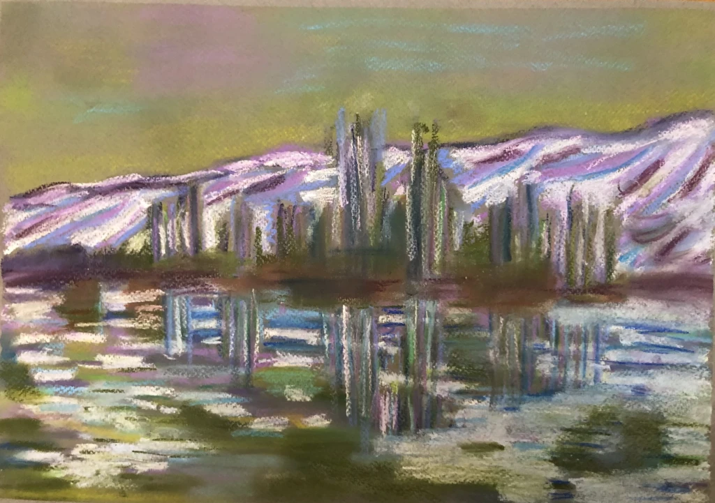 After Claude Monet (1880, oil on canvas), *The Break-up of the Ice  (La Débâcle or Les Glaçons)*, 2024, soft pastel on pastel paper, 29 x 42 cm.