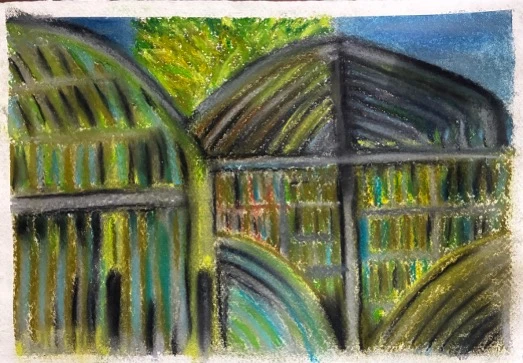 *Exterior of Botanic Garden Glasshouses*, 2026, pastels on Khadi paper, A3.