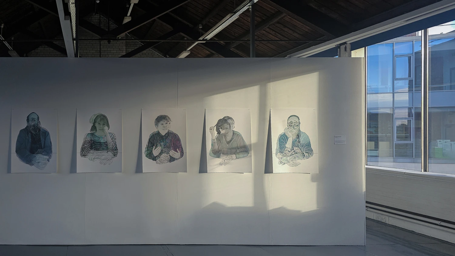 Five fine art print portraits from the Interstice series in evening light in the Media Studio, Hahnemühle Archival Photo Rag paper.