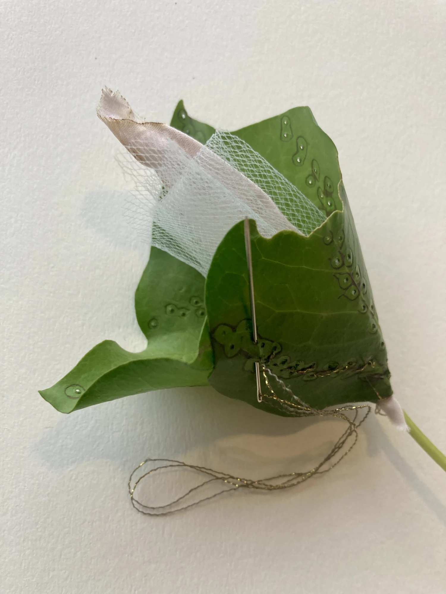 Ivy, silk and tulle, burned with a soldering iron, stitched with metallic threads.