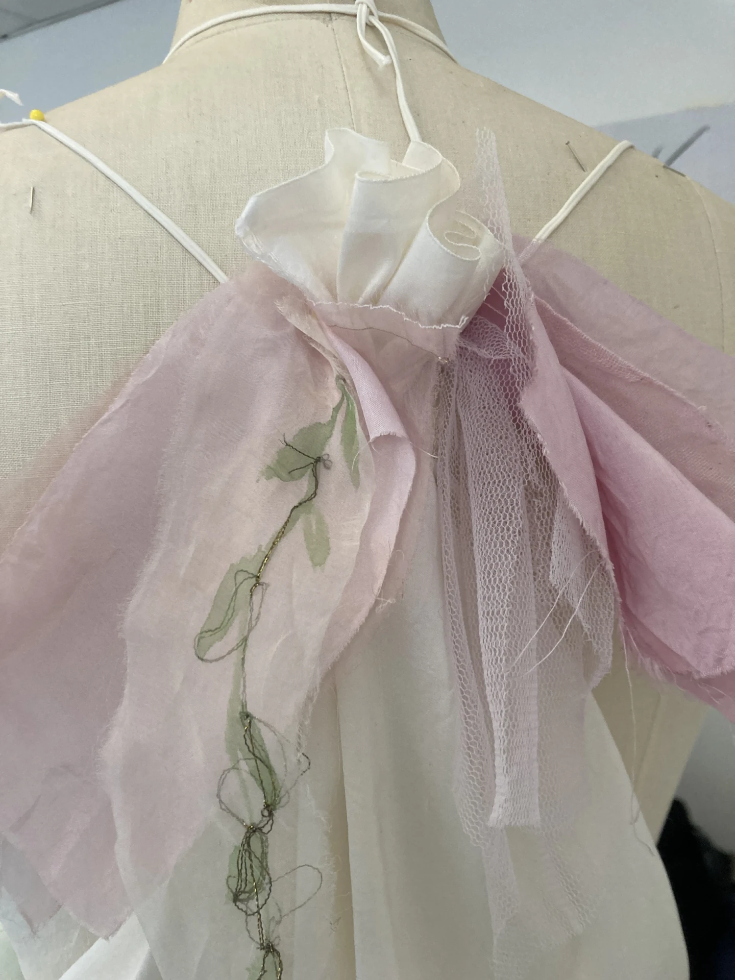 Seven fabric dye test - with raspberry and cranberry teas, hand-painted and embroidered. 