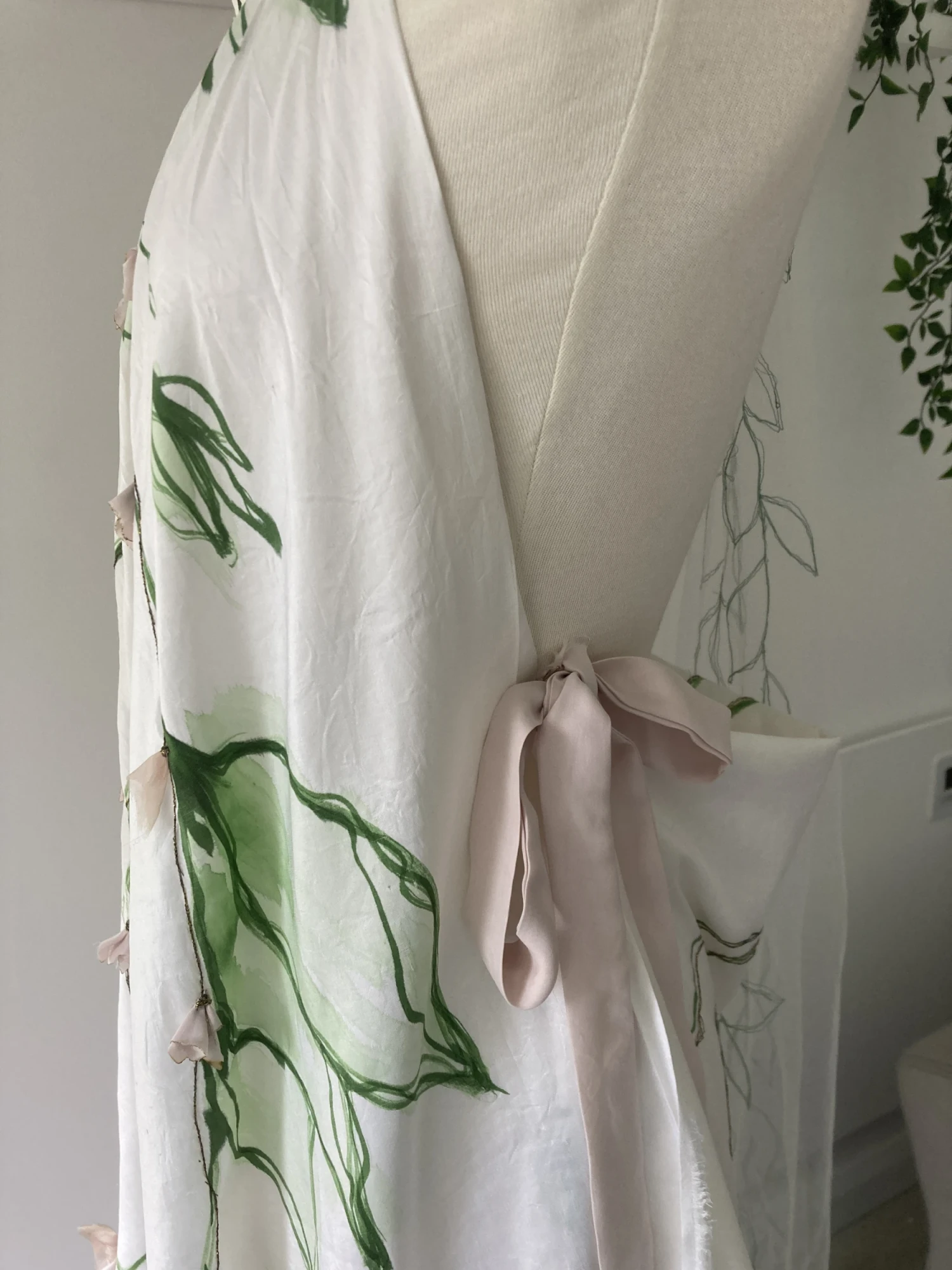 Silk dupion, hand-painted and embroidered, mulberry silk dyed with raspberry and strawberry teas.