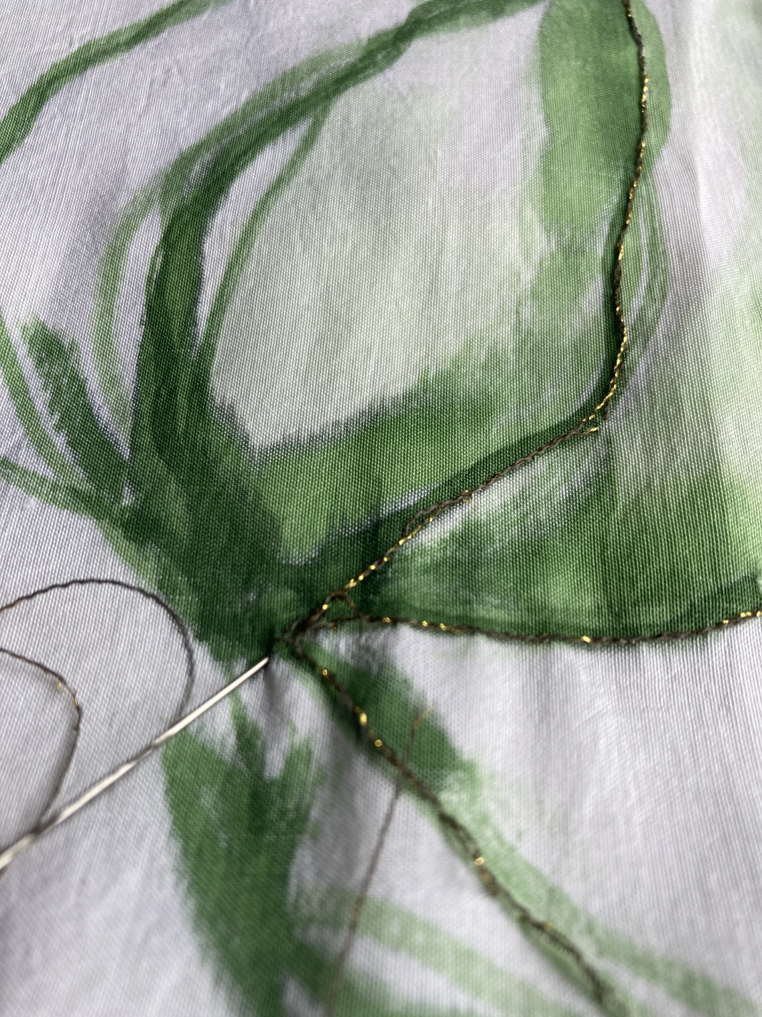 Detail - silk, hand-painted, embroidery with metallic threads.