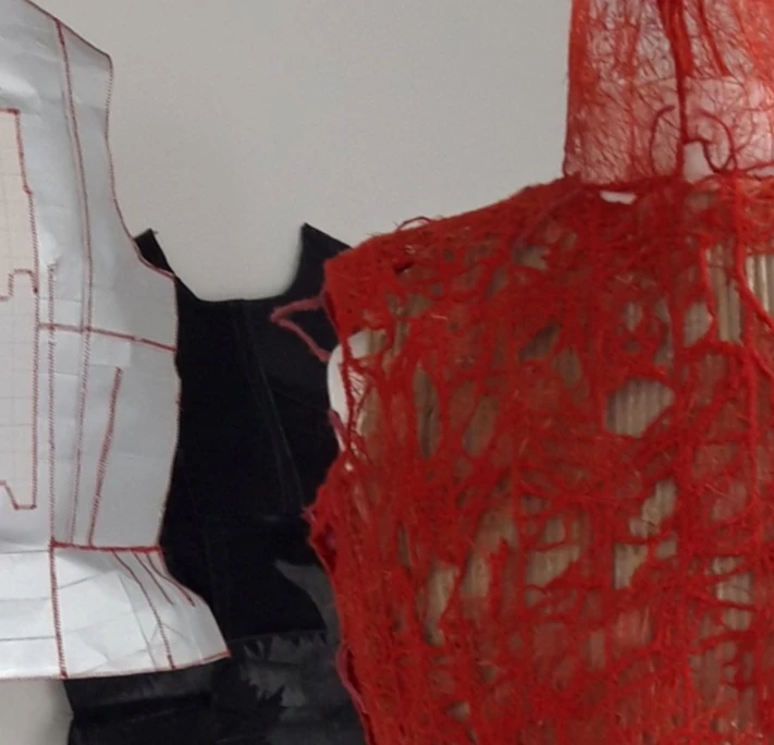 *3 Bodies*, embroidered buckram, on stitched cardboard bodice, packaging, stitched and dyed fibre paper, clay paint, graphite, 500 x 600 x 450 x 200 cm.