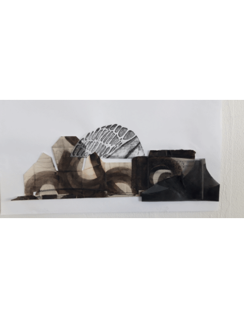 Studies and Collage of Lace and Skyline, walnut and quebracho ink on card packaging, printed and folded velum, graphite