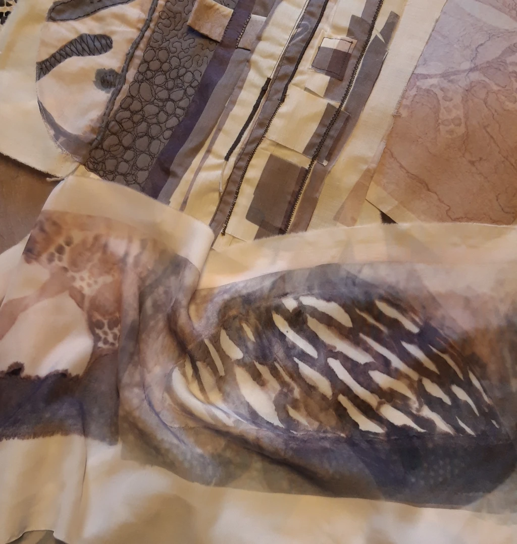 Skyline and lace studies, heat transfer to polycotton and  silk polyester, various sizes.
