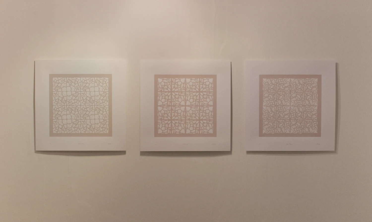 *Moving Shadows*, *Dappled Light* and *Absent Presence*, screen prints on Munken paper, triptych  65 x 65 cm.