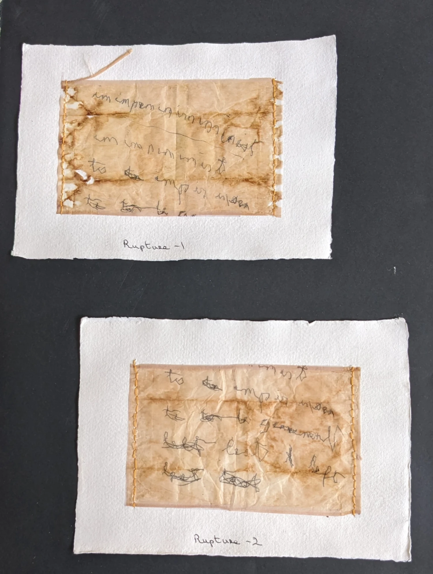 *Rupture*, tea bags with text sewn on to Indian paper, 15 x 21.0 cm.