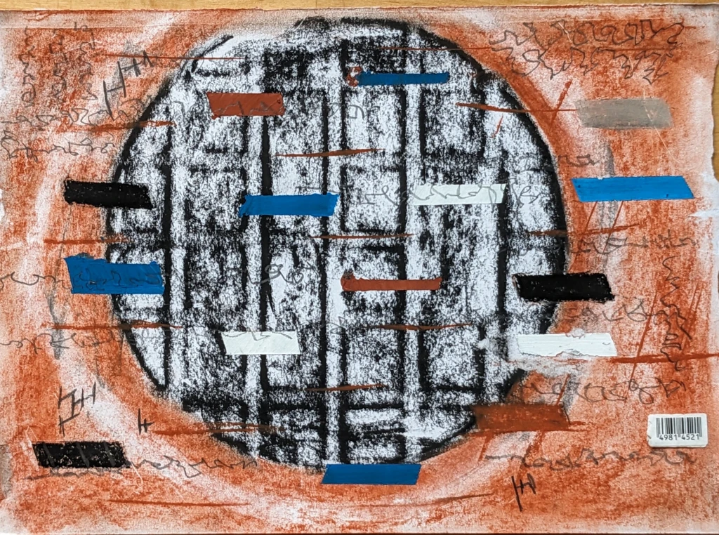*Language of Grids*, charcoal rubbing, chalk and acrylic.