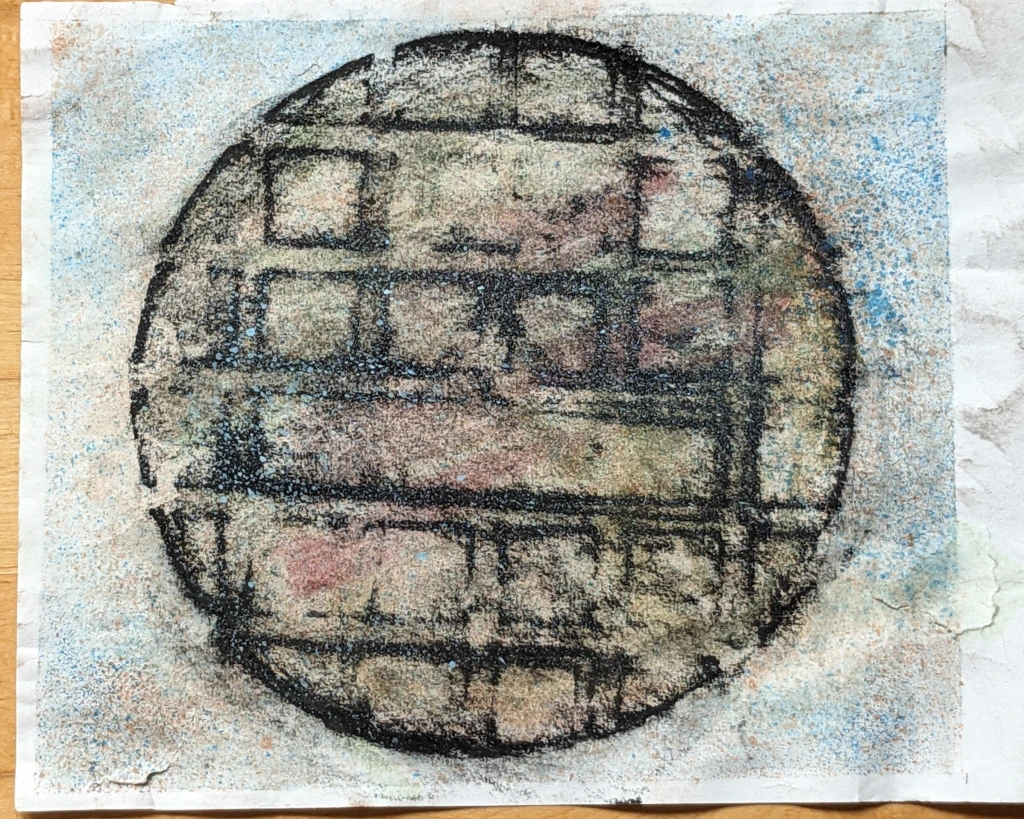 *The Language of Grids*, rubbing charcoal and watercolour.