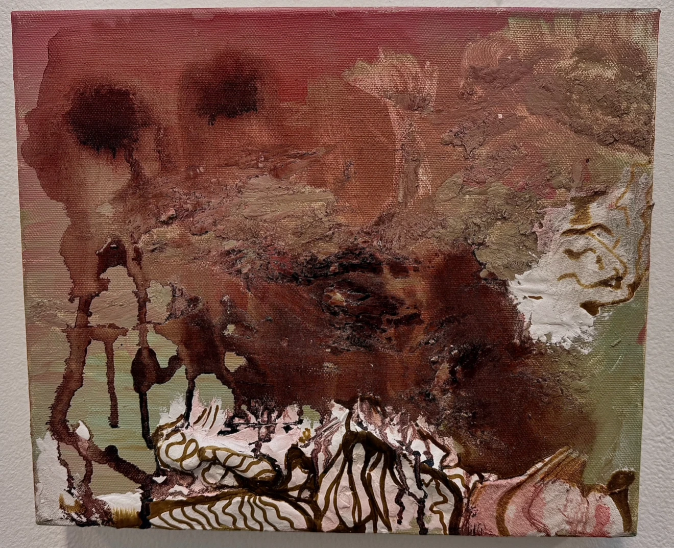 *Bog Bodies Can Not Dance*, acrylic ink, acrylic paint and clay.