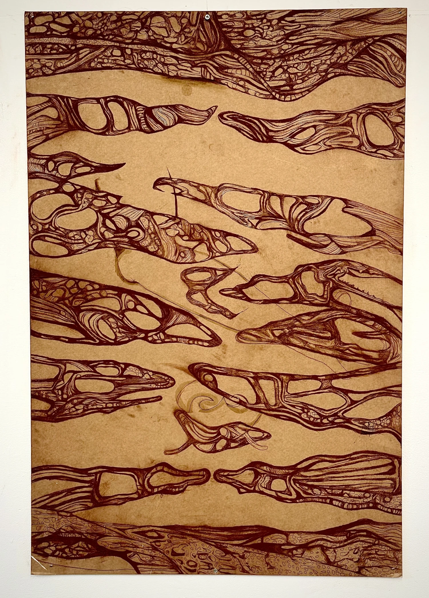 *Inside the Bones*, chalk on brown card.