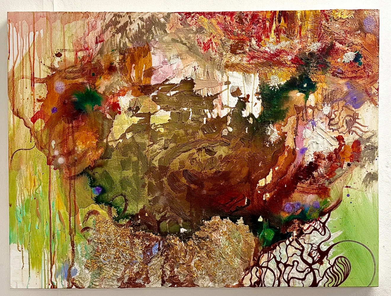*Silence Down By The Bog*, acrylic ink, oil paint, clay and gold leaf.