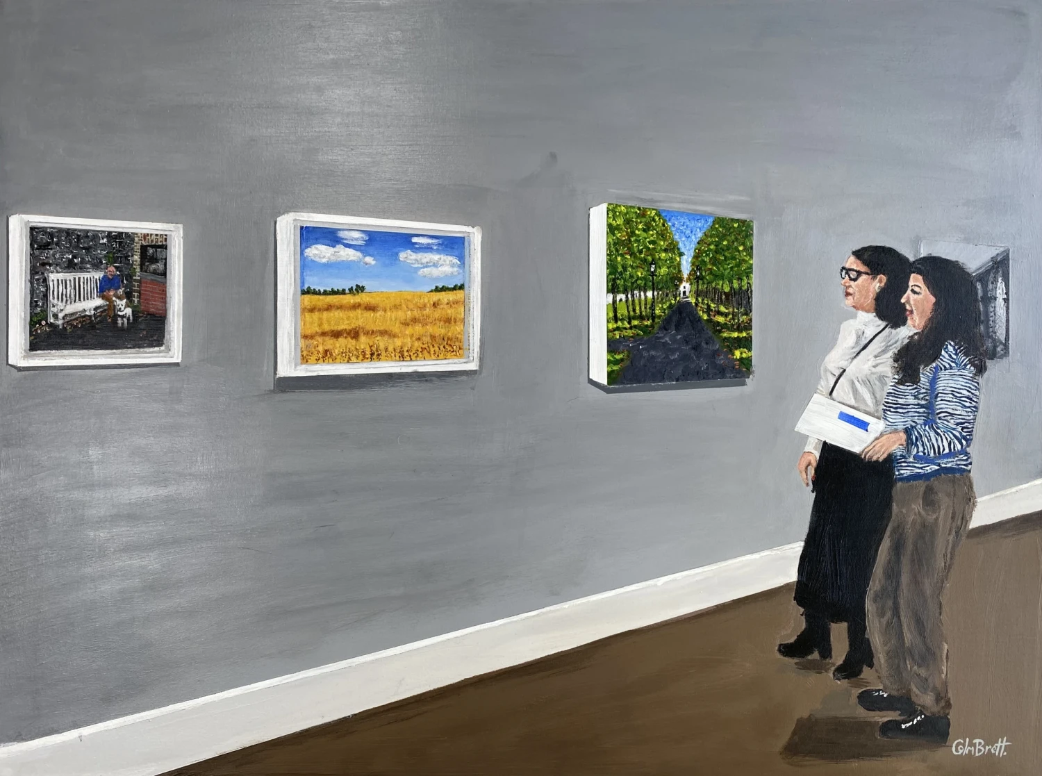 *Irina, Anna and My Paintings Imagined at IMMA*, March 2025, acrylic on canvas, 80 x 60 cm.